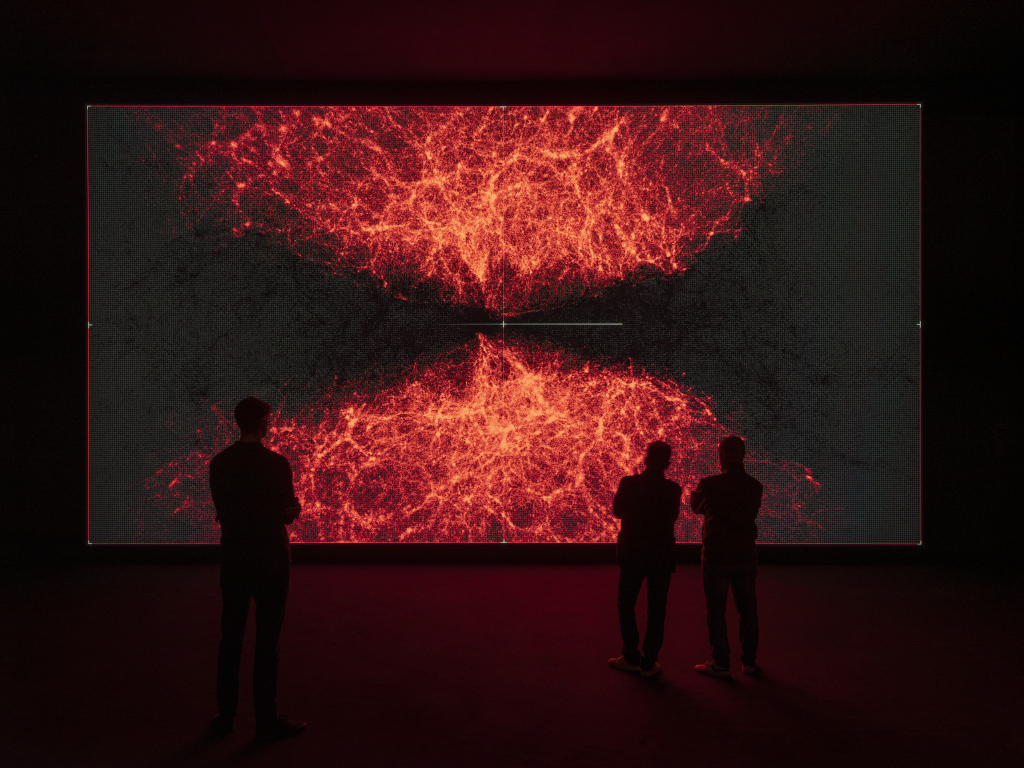 Ryoji Ikeda (Japanese, born 1966), data-verse 1, 2019, DCI-4K DLP projector, computer, speakers. Installation view at Venice Biennale, Venice, 2019. Photo by Julien Gremaud, courtesy of the artist and Audemars Piguet Contemporary. © Ryoji Ikeda. Ryoji Ikeda (Japanese, born 1966), data-verse 1, 2019, DCI-4K DLP projector, computer, speakers. Installation view at Venice Biennale, Venice, 2019. Photo by Julien Gremaud, courtesy of the artist and Audemars Piguet Contemporary. © Ryoji Ikeda.