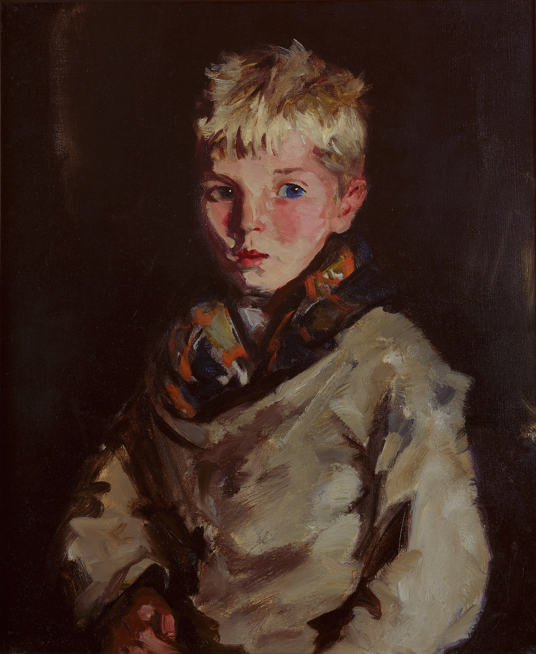 expressive brushstrokes depict a young boy with blonde hair, pale skin and pink cheeks.