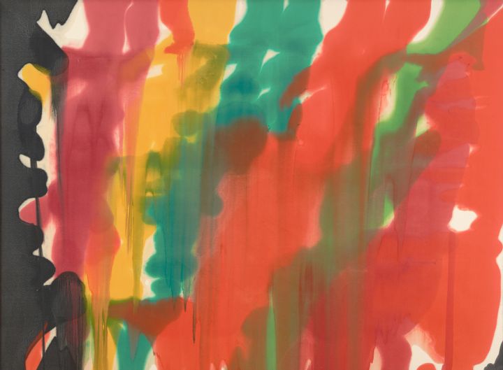 Red, green, yellow and black wavy organic colorful shapes overlap to form vertical and diagonal stripes across the canvas.